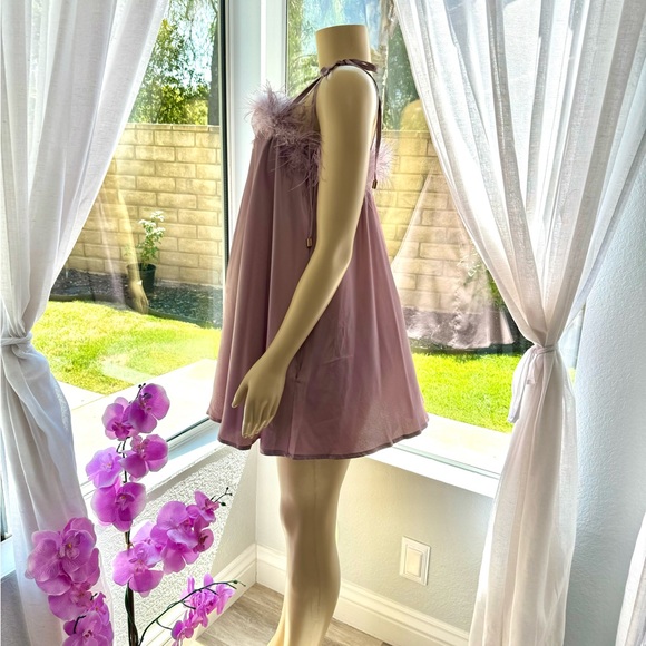 Nasty Gal Feather Trim Satin Nighty Slip Dress Purple Size 8 Shift Dress - Picture 7 of 14
